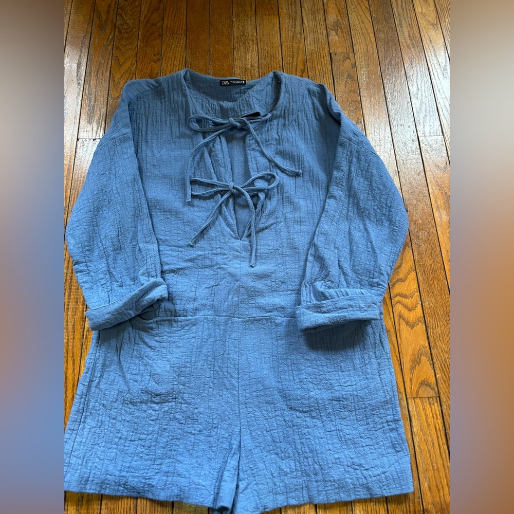 ZARA Women's Blue Textured Weave Jumpsuit Romper